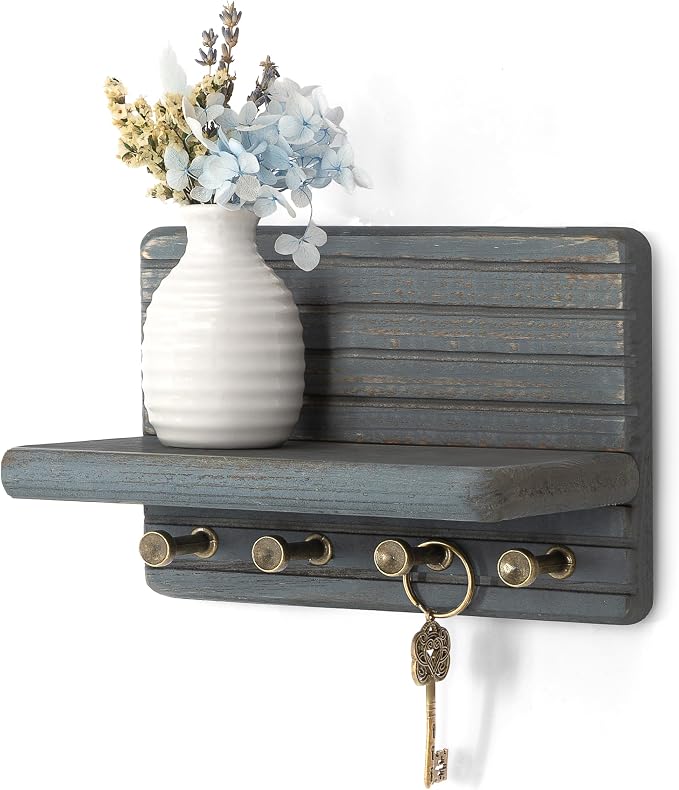 Rebee Vision Key Holder Wall Mount with Shelf for Entryway, Royal Blue | Pine Wood, Key Holder for Wall, Mail Organizer, Room Decor, Compact Storage Accent, Home Essentials for Home Improvement