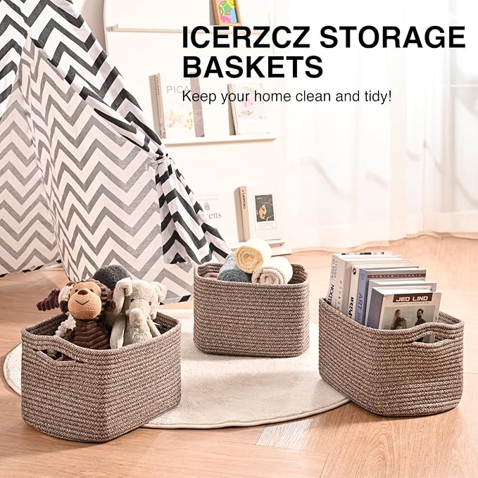 ICERZCZ Storage Baskets for Shelves Organizing, Woven Cotton Rope Baskets for Storage, Book Basket, Decorative Shelf Basket, 12.5"Lx9.1''Wx7.9''H (4 Packs) Dark Brown