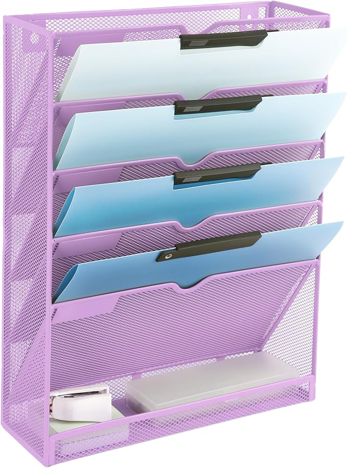 EASEPRES 6 Tier Mesh Hanging Wall File Organizer, Desk Vertical Mail Paper Document Folder Holder Rack with Bottom Tray and Nametag Label for Office Home School, Light Purple