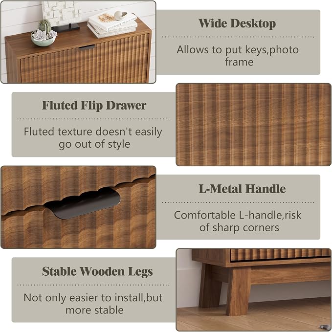 Shoe Cabinet Storage for Entryway with 3 Flip Drawers, Fluted Narrow Shoe Organizer with Wooden Legs, Freestanding Slim Shoe Storage Hidden Shoe Rack Organizer for Front Door Entrance, Hallway, Walnut