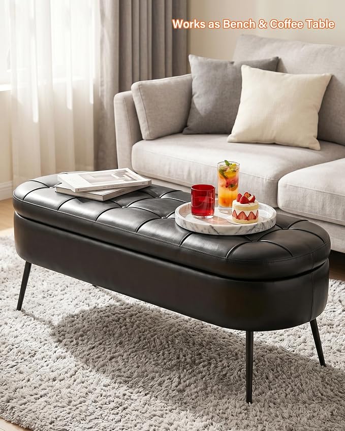 Storage Ottoman Bench, 43.7" PU Leather End of Bed Bench Black | Bench with Large Hidden Storage, Tufted Upholstered Seat, Metal Legs, Mid-Century Modern, For Bedroom, Entryway, Living Room