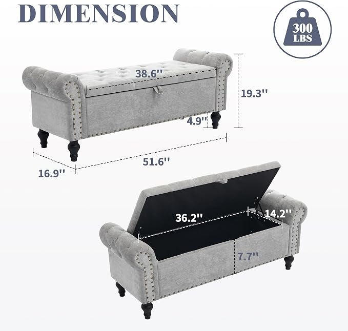 51" Storage Bench for Bedroom, Upholstered Ottoman Bench Chenille LightGray | End of Bed Bench for Bedroom, Window Benches for Living Room, Entryway, Ottoman with Large Storage Space, Pet Friendly