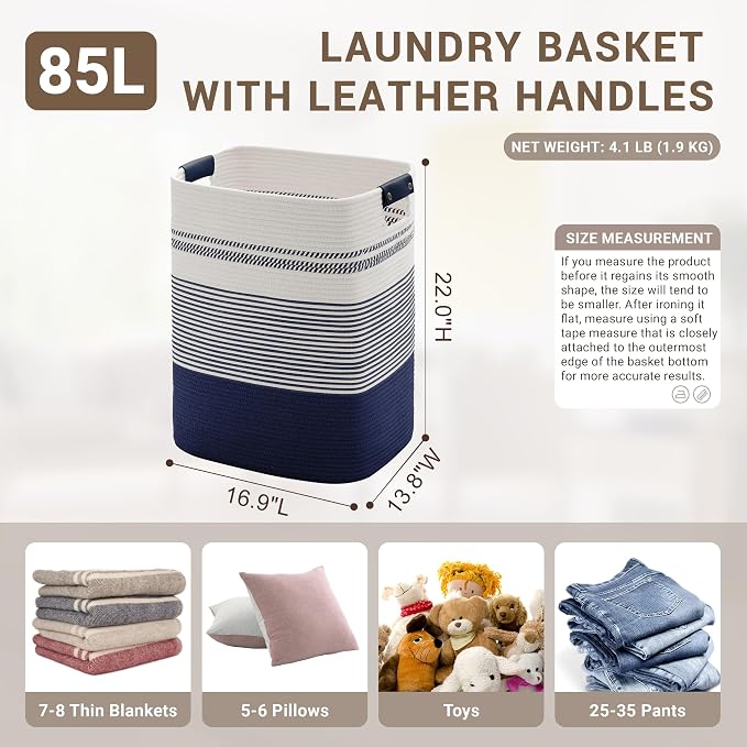 85L Tall Woven Laundry Basket Hamper with Leather Handles,Navy | collapsible wicker hamper, storage for dirty clothes, toys, blankets, gifts, living room, bedroom, bathroom, 17"x14"x22"