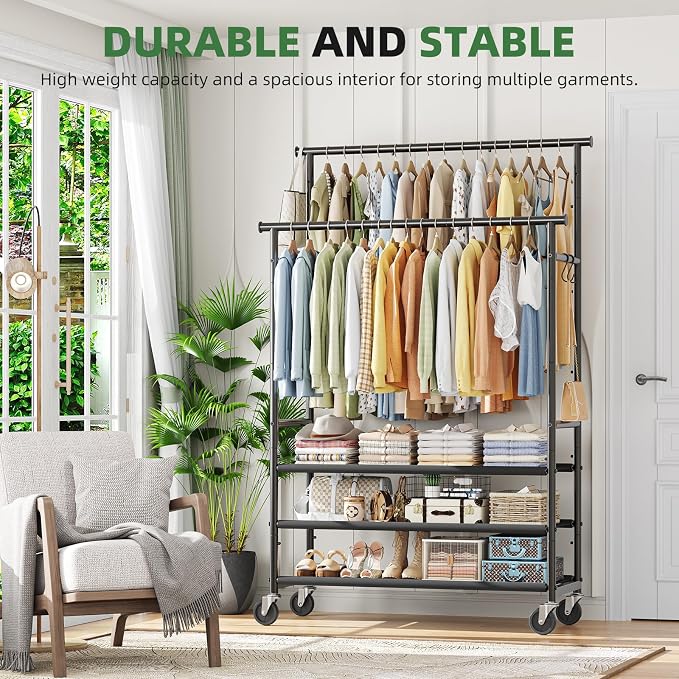 Ekisemio Double Rods Clothes Rack for Hanging Clothes, Rolling Clothing Rack with Wheels, 3-Tier Hanging Rack with Mesh Shelves, Holds 300 LBS for Bedroom, Laundry, Living Room, Black