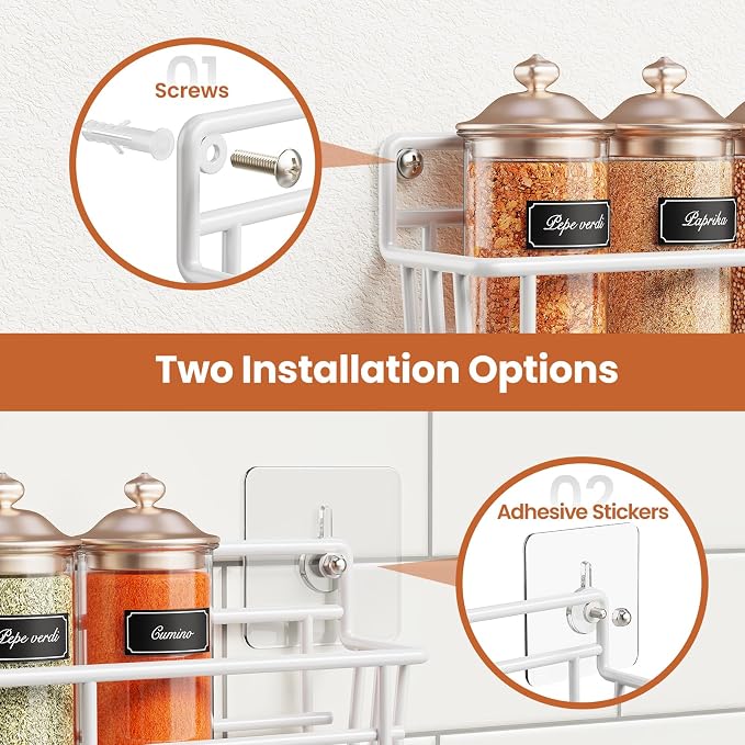 Mystozer 5 Pack Spice Rack Seasoning Organizer Wall Mount, Kitchen Organization Kitchen Storage Spice Shelf Screw or Adhesive Hanging Shelf Basket Spice Organizer Shelf for Kitchen, Pantry (White)