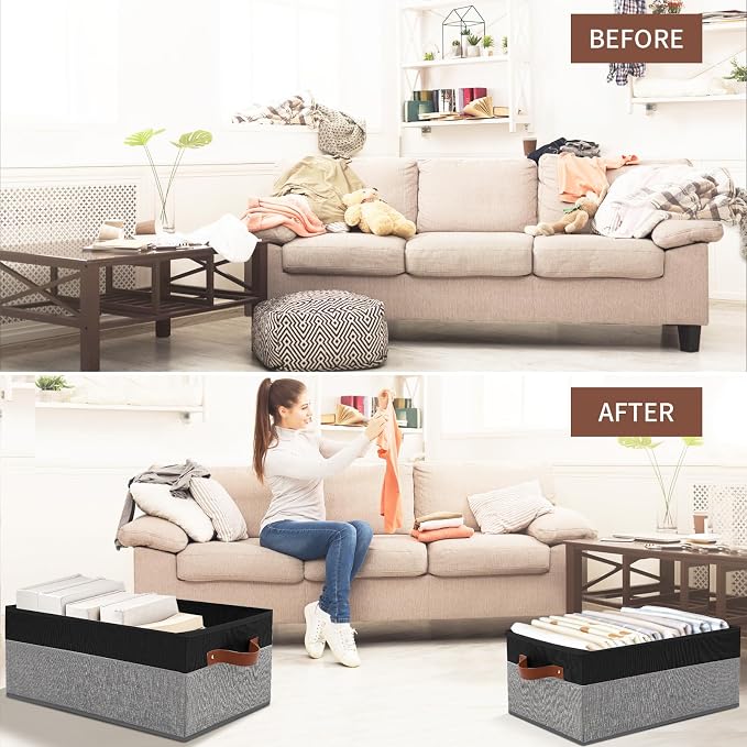 3 Pack Large Capacity Storage Bins Closet Organizer for Shelves | Fabric Closet Storage Baskets Boxes with Leather Handles for Organizing Clothes, Sheets, Jeans, Toys, Books (Black and Grey)