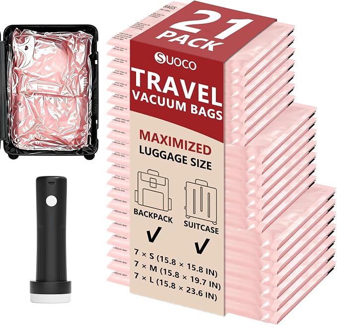 Travel Vacuum Bags for Clothing with Rechargeable Pump 21 Combo, Pink | Compression Packing Cubes Organizer Storage for Luggage Suitcase, Space Saver Seal Bags for Vacation Cruise