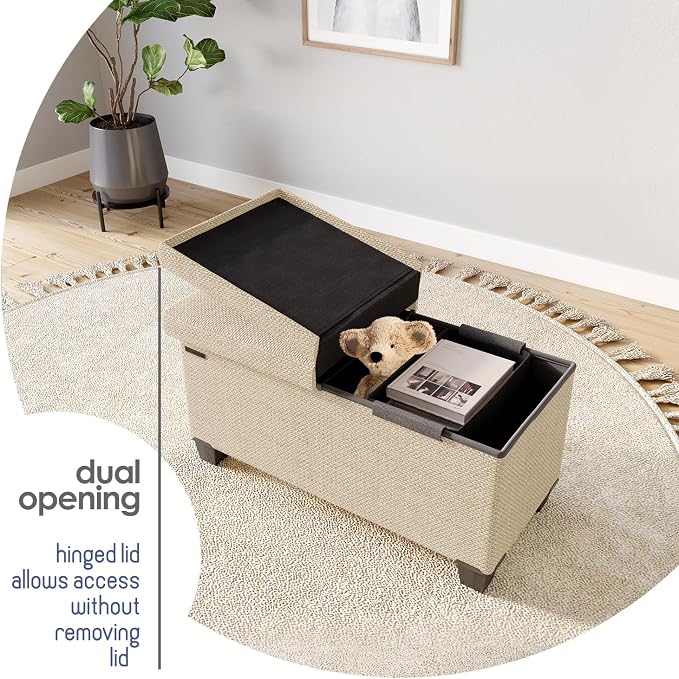 Storage Ottoman Bench with Bins, 30-in Storage Bench for Bedroom End of Bed, Folding Foot Rest Ottoman for Living Room Max 660lbs, Fabric Ottomans, Beige