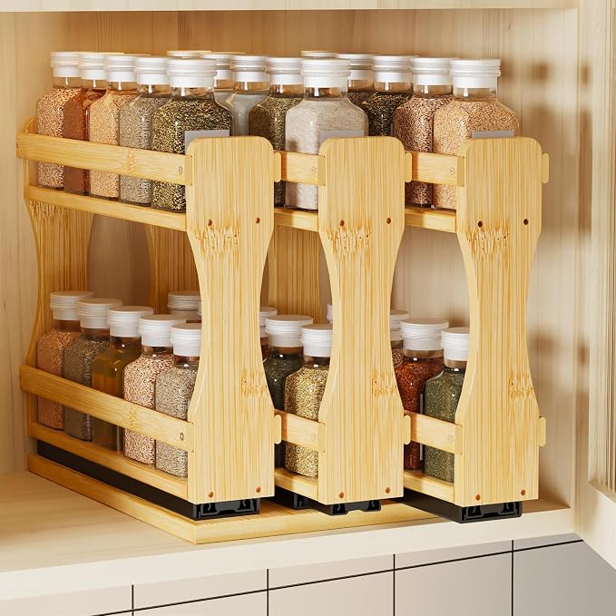 BAMEOS Pull Out Spice Rack Organizer for Cabinet, Bamboo Wide 7.7" Slide Out Seasoning Organizer for Kitchen, No Drill Anti-Tip Ball Bearing Silent Glides, Pantry Cabinet Organizer, Natural