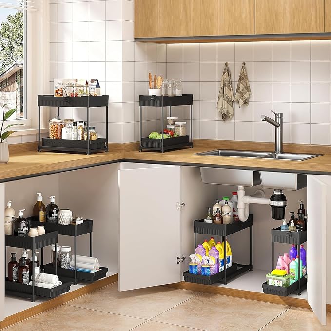 Sevenblue 4-Pack 2-Tier Under Sink Organizer with Pull Out Drawers | Multi-use kitchen & bathroom storage. Includes hanging hooks and cups. Black, space-saving cabinet design. 14.8 Inch