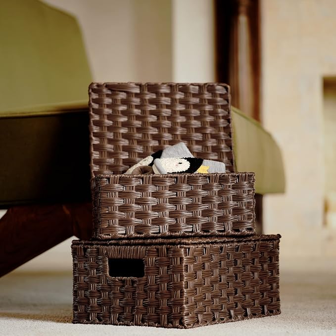 Granny Says Wicker Baskets with Lids, Decorative Storage Boxes With Lids | Woven Baskets With Lids, Wicker Baskets For Storage, Decorative Storage Boxes, Woven Stackable Basket with Lid for Organizing
