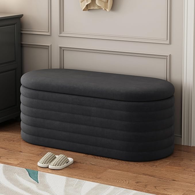 Ball & Cast Storage Ottoman Bench, 40" Chenille Upholstered Storage Bench for Bedroom End of Bed,Oval Ottoman with Storage,Entryway Bench with Safty Hinges for Living Room,Black