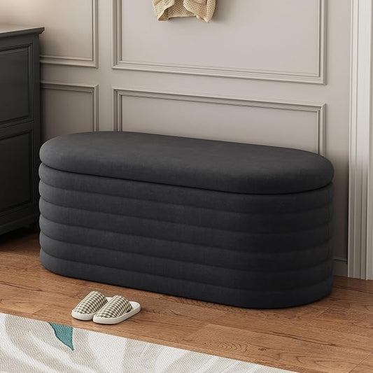 Ball & Cast Storage Ottoman Bench, 40" Chenille Upholstered Storage Bench for Bedroom End of Bed,Oval Ottoman with Storage,Entryway Bench with Safty Hinges for Living Room,Black
