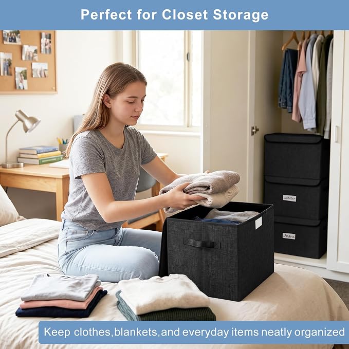 Bagnizer Large 22 Quart Linen Fabric Foldable Storage Bin Cube Organizer Basket with Flip-Top Lid & Handles, Clothes Blanket Box for Home, Office, Closet, Black, 4 Pack 14.6 x 9.5 x 9.5”