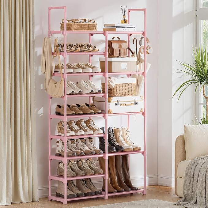WOWLIVE 9 Tier 2-Column Shoe Rack, 30-35 Pairs Stackable Pink | Compact 33.75in long fits narrow spaces. Removable layers for boots/heels. Split design for flexible layout.