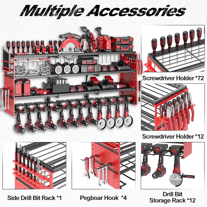 52" Metal Power Tool Organizer Wall Mount,4 Tier,Red | Heavy-Duty Metal,480 LBS Capacity,12 Cordless Drill Holders,Adjustable Hooks,Tool Shelf for Garage Workshop Shed,Pegboard
