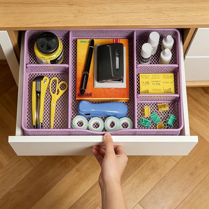 VyGrow Desk Drawer Organizer Tray, Metal Mesh Drawer Organizers Office, 6 Adjustable Compartment, Desk Organizer Tray for Home Office 12.87L x 8.73D x 1.96H inch, Black, 1PC Medium, Purple