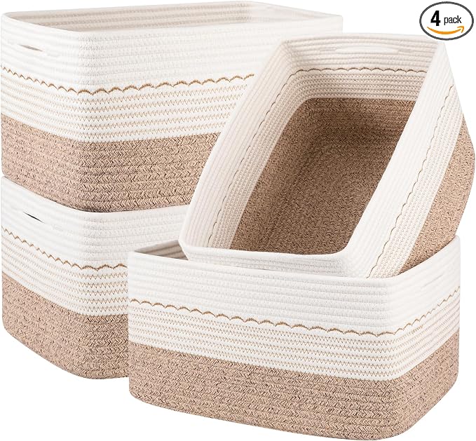 OIASKET 4 Pack Storage Baskets for Organizing, 15.75''x11.8''x7.87'', Decorative Cotton Rope Baskets for Shelves, Small Woven Basket for Toys, Books and Towels, Brown&White