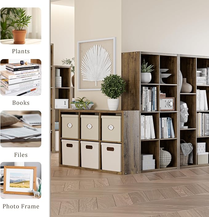 VDNEND Cube Storage Organizer Bookcase, Decorative 11 inch Open Back Cubical Shelf with Thickened Border, Display Bookshelf for Living Room, Home Office, Sturdy Room (Brown, 6 Cube)