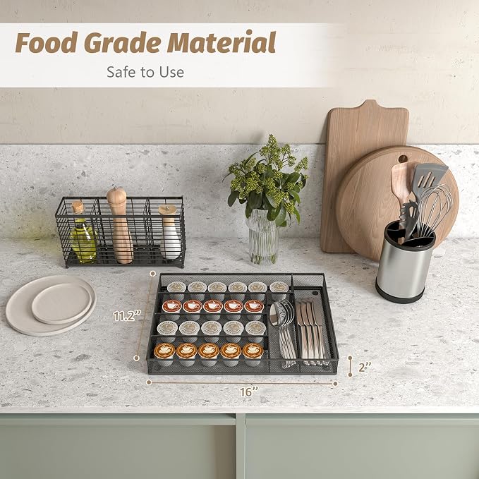 Sedegn mesh silverware tray for drawer: 6 Compartments for Easy Sorting | Sized at 11.3" x 16" for kitchen drawers with non-slip feet, metal mesh design for easy cleaning, organizing flatware Black