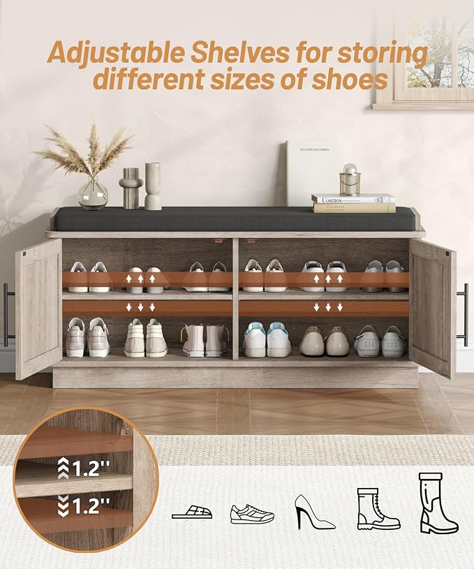 Akxomel 39.4" Fluted Shoe Storage Bench 2 Doors Wooden Entryway Bench Greige