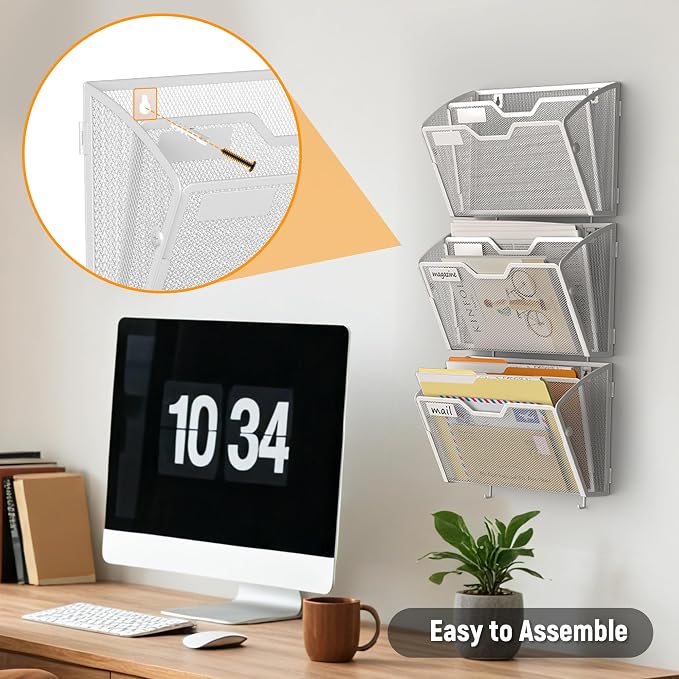 Docnest 3 Pack 2 Tier Mesh Wall File Holders with Hooks for Mail, White | Space-saving vertical design with utility hooks. Ideal paper document organizer for office, home, and school