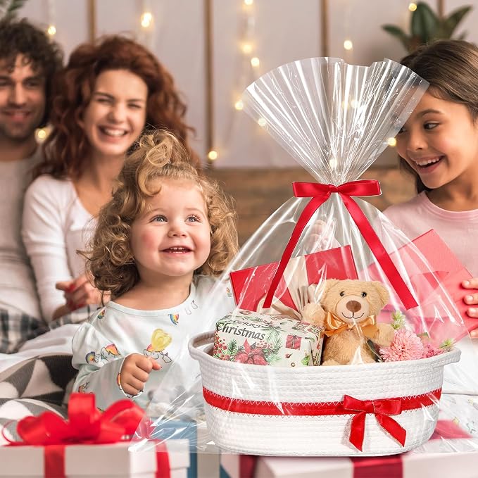 Colingmill 1 Set Woven Empty Basket for Gift,White Red | with Cellophane Wrap Set, 14 x 10 x 5.5 Inch, Medium Decorative Gift Basket, Cotton Rope Storage Box, Home Decor