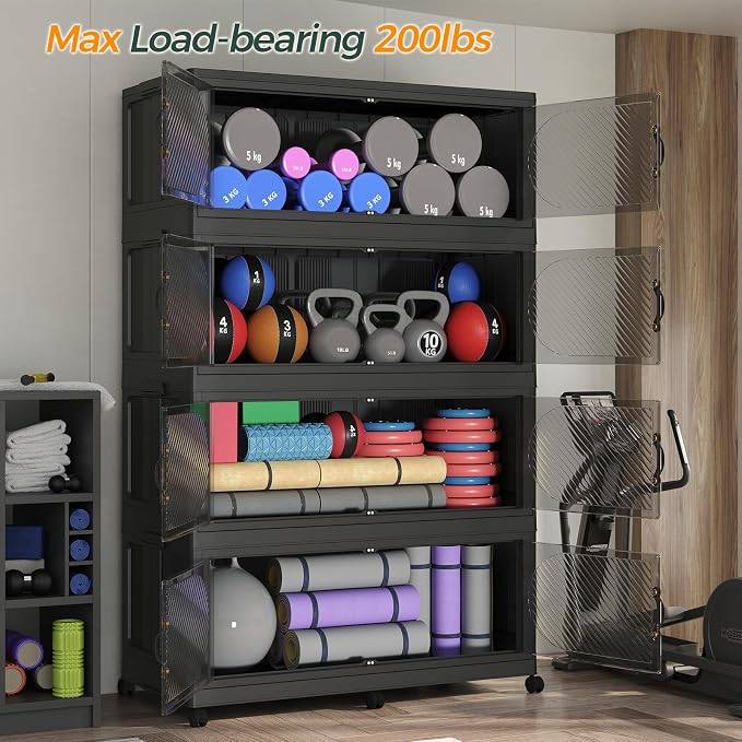 240GAL Plastic Storage Bins with Lid, 960QT Extra Large Stackable Closet Organizers and Storage, Collapsible Storage Boxes with Wheels, Folding Cabinet for Home Kitchen Office, 4Pack Black