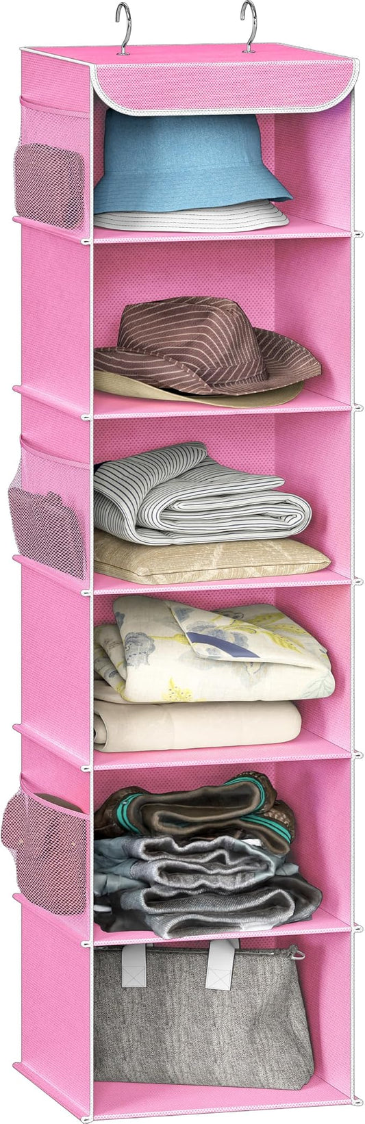 Simple Houseware 6 Shelf Hanging Closet Organizer, Pink | 360° Rotating Dual Hooks, Top Support Metal Frame, 6 Side Mesh Pockets