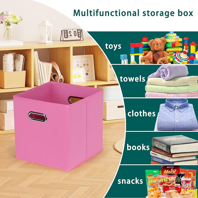 Black Foldable Storage Cubes Bins, Fabric Storage Box Cubes Organizer Baskets with Dual Handles for Home Organizer,Set of 6,(Pink)
