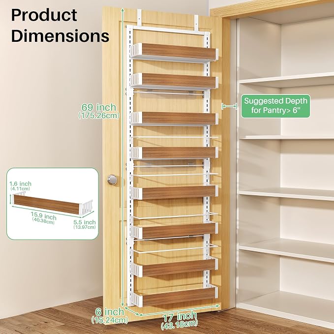 SNTD 8 Tiers Over the Door Organizer - Height Adjustable Pantry Organizers and Storage with Dense Mesh Baskets, Anti-Swing Hanging Door Spice Rack for Kitchen Bathroom (Walnut, 17" W x 6" D x 69" H)