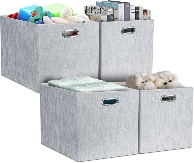 Posprica 13x15x13in Collapsible Storage Bins, Fabric Foldable Cube Storage Boxes, Decorative Storage Baskets Organizer for IKEA Kallax, Shelves, Closet, Clothes, Set of 4-Grey