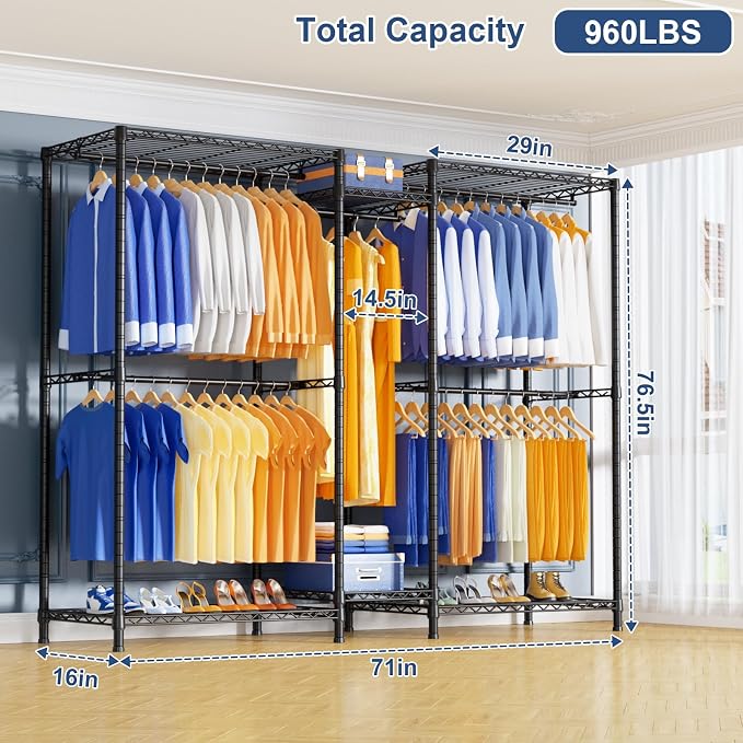 E12 Pro Clothes Rack，Heavy Duty Freestanding Garment Rack with Shelves，Metal Clothing Closet Storage System for Hanging Clothes，71" W x 16" D x 76.5" H, Hold 960 lbs，Black