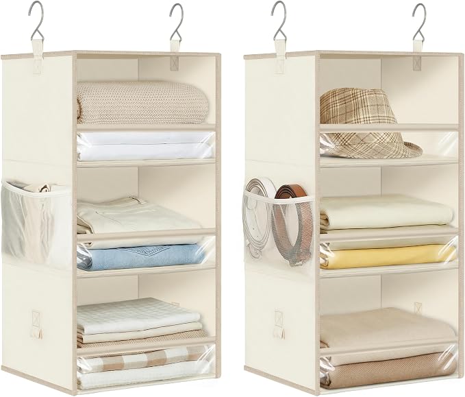 STORAGE MANIAC 6-Shelf Hanging Closet Organizer and Storage, 2 Separable 3-Shelf Haning Organizers for Closet, Collapsible Hanging Shelves Wardrobe Organization, College Dorm Room, Nursery, Beige