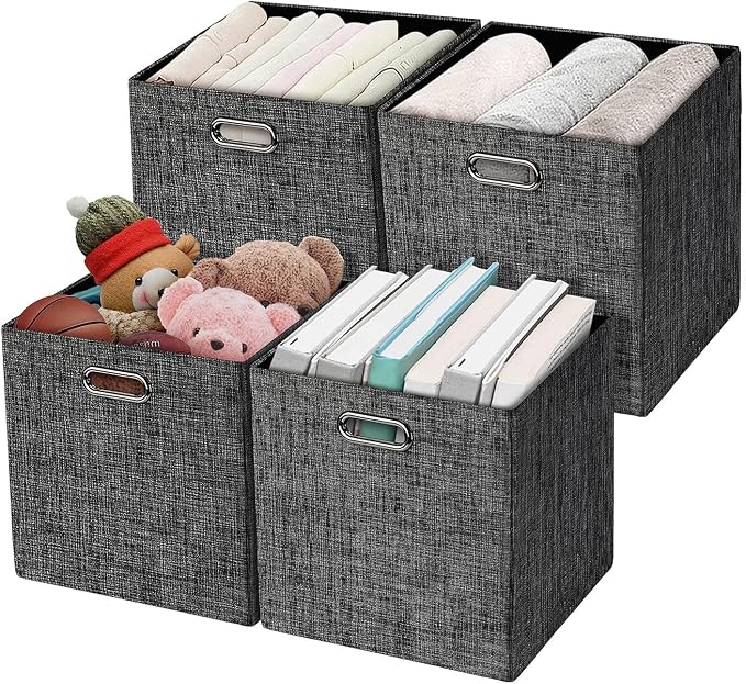 Posprica Fabric Storage Cubes,13×13×13 cube storage bins, Foldable Drawers Baskets Containers for Shelf Cabinet Bookcase,Thick and Heavy Duty (4pcs, Black)