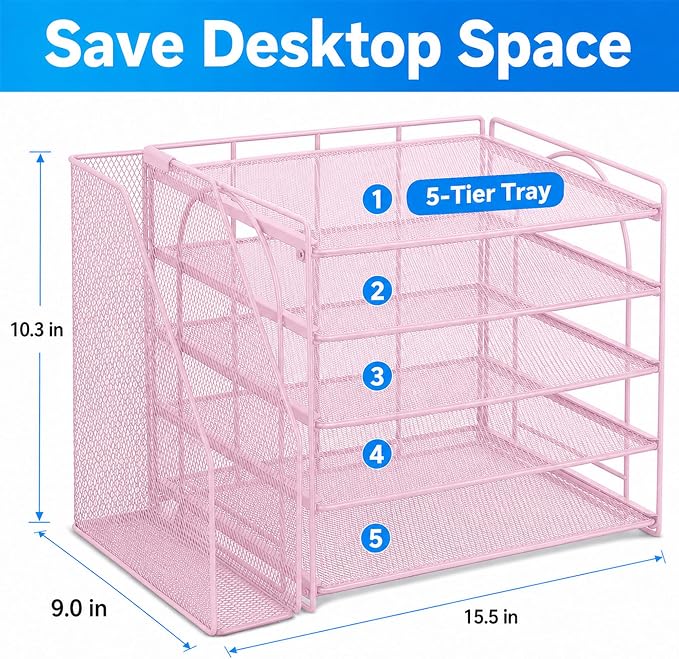 OPNICE Desk Organizer, 5-Tier Paper Organizer Letter Tray with Magazine Holder, Office Desk Accessories & Workspace Organizers, Desktop File Organizer for Office Supplies Storage, Pink