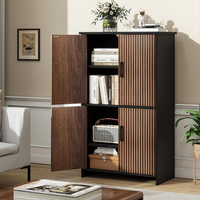 Bathroom Storage Cabinet, Floor Cabinet with 4 Fluted Doors and 2 Adjustable Shelves Wooden Tall Freestanding Organizers and Storage,Black
