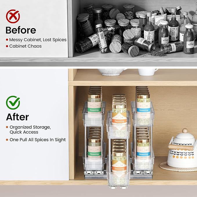 Mystozer Pull Out Spice Rack Organizer for Cabinet, Slide Out Spice Racks Organizer, Easy to Install Spice Cabinet Organizers, 8.5''Wx10.5''Dx8.3''H, 3 Drawers - 2 Tiers (Clear)