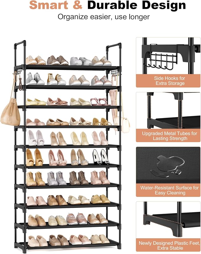 LANTEFUL Upgraded Shoe Rack for Closet Large Capacity 10 Tier Shoe Storage Holds 40–50 Pairs Sturdy Shoe Organizer with 10 Hooks for Entryway, Bedroom, Garage, Black