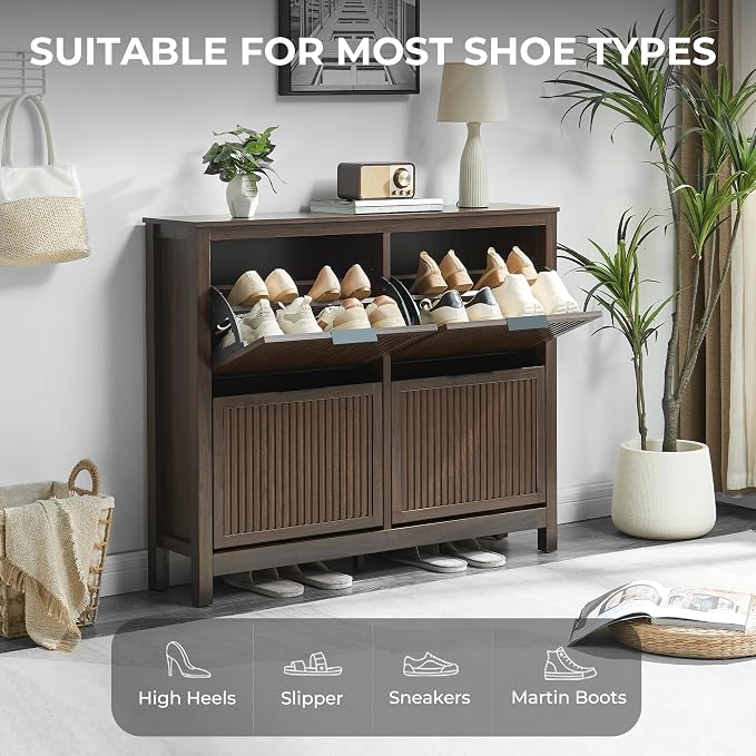 4-Flip Drawer Shoe Cabinet Narrow Entryway Rack, Brown | Vertical Wood Grain, Metal Handles, Adjustable Compartments, Removable Shelf, Anti-Tip Device, for Hallway Foyer Entryway