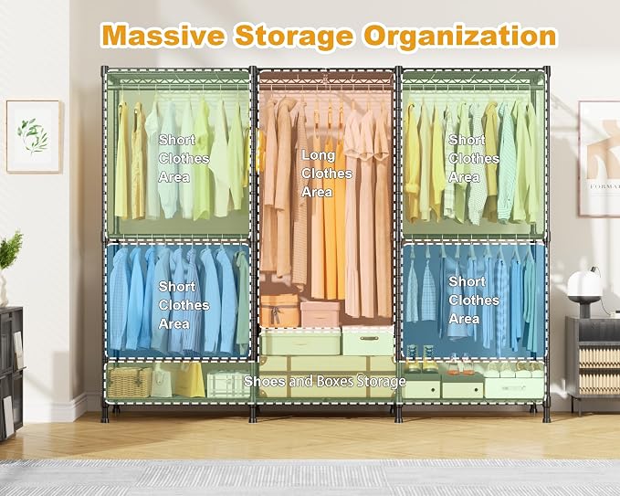 E14C Pro Heavy Duty Closet Organizer System (Brand Custom) | Freestanding Adjustable Garment Racks for Hanging Clothes，69"W × 16"D × 77"H Max 960lbs，Black Rack with Classic Pattern Cover