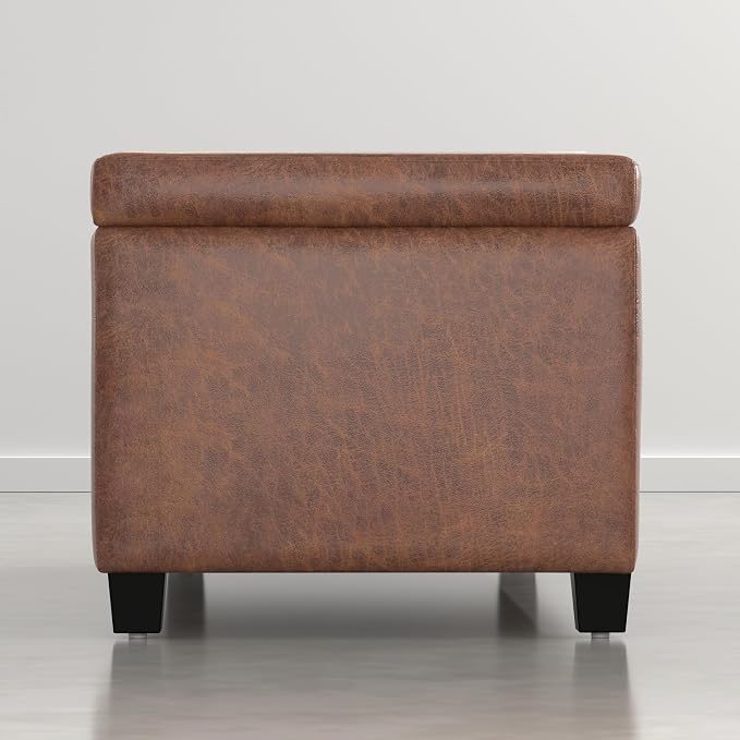 SIMPLIHOME Avalon Storage Ottoman Bench - 48" Wide x 16" High Upholstered Vegan Leather Rectangular Lift-Top Ottoman in Distressed Pecan Brown, Contemporary Storage Bench with High-Density Foam