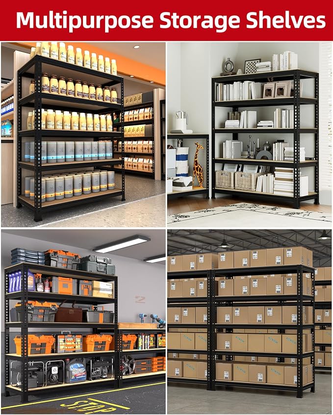 PrimeZone 5-Tier Garage Storage Shelves, Adjustable Metal Shelving, Black | 32"W x 16"D x 63" H, Heavy-Duty Metal Frame & Connectors, FSC MDF Boards, Deep Storage for Garage, Pantry, Closet, Warehouse