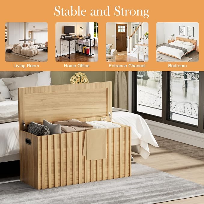 Storage Bench,39.4" Wood Box, Storage Trunk with 2 Safety Hinges, Ottoman Storage Chest, Fluted Storage Bench for Bedroom, Entryway, Living Room(Natural Wood)