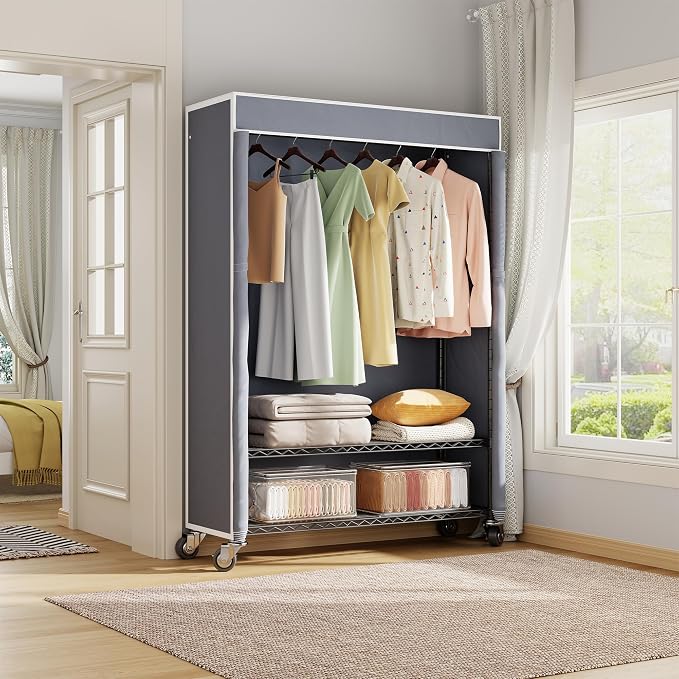 Higeego H4 Plus Rolling Clothes Rack with Cover, Black with Grey Cover | Heavy Duty Clothing Rack with Wheels, Portable Closet for Hanging Clothes, Wardrobe Closets Rack with Grey Oxford Cover
