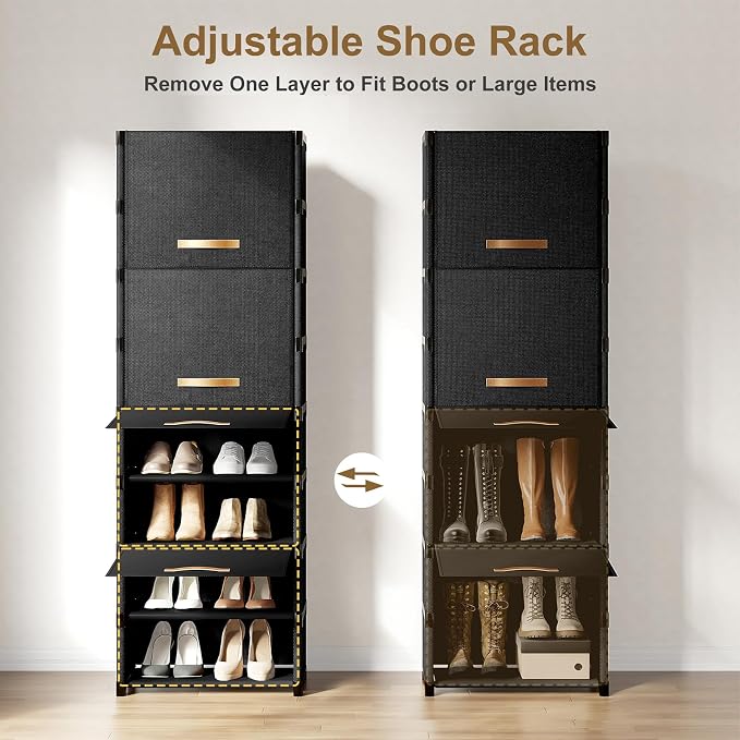 9 Tier Shoe Cabinet with Door, 18-Pair Rack for Closet Black | Non-woven & metal frame, stable. Door blocks dust & pets. DIY split for spaces. Easy assembly.