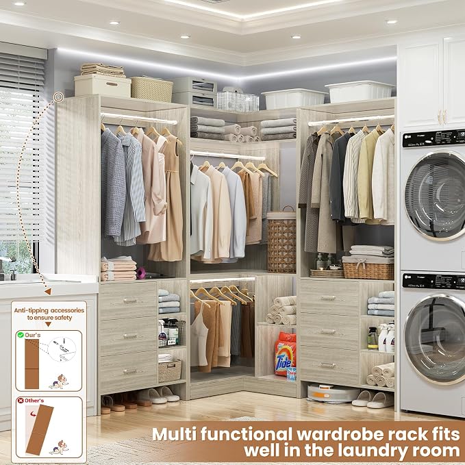 Aheaplus Closet System with 6 Drawers, 4 Hanging Rods & Corner Tower, Corner Closet System with Hanging,92.6" L-Shaped Walk-In Wardrobe Organizer, 2000+ lbs Capacity, Set of 3, White Oak