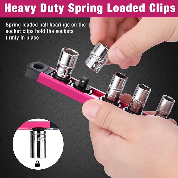 WORKPRO Magnetic Socket Organizer, Heavy Duty 1/4-Inch Drive Socket Rail | 1 Piece Socket Holder with 12 Spots, Aluminum Alloy, Rotatable & Movable Clips, Efficient Organization