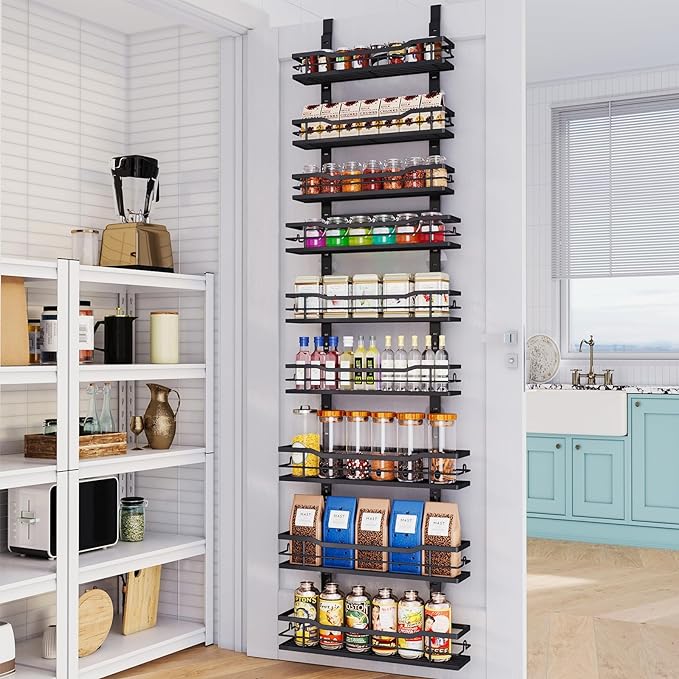 Eastherry Over The Door Pantry Organizer，9-Tier Over The Door Organizer with Adjustable Basket，Metal Hanging Pantry Organizers and Storage for Kitchen, Back of Door Seasoning Rack (Black)