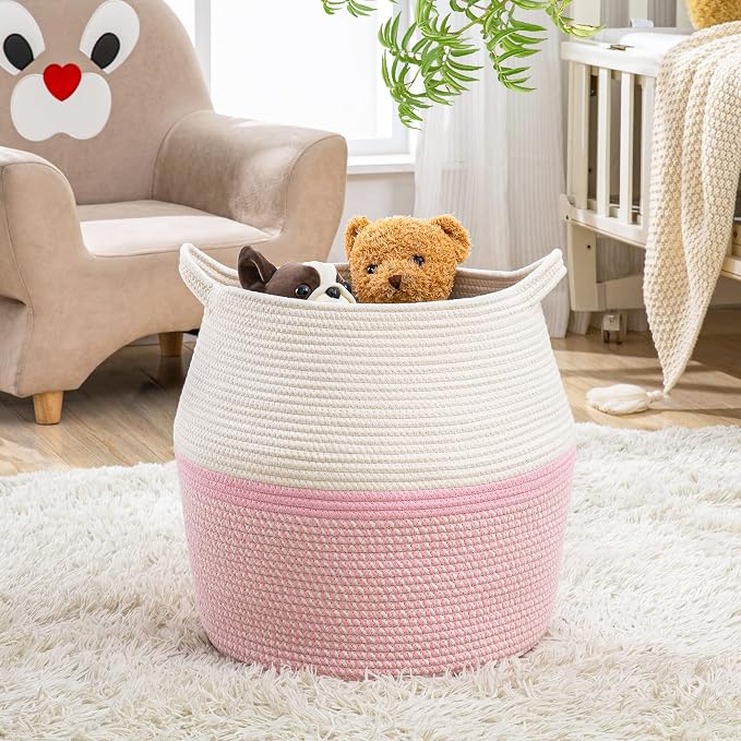 KAKAMAY Woven Baskets for Storage(17"x17"),Large Cotton Rope Woven Baby Laundry Hamper,Collapsible Laundry Basket, Blanket Basket for Organizing Living Room,Nursery,Pillows,Toy Chest(Pink)